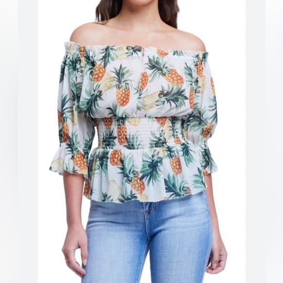 L’AGENCE pineapple off the shoulder vacation top shirt xs extra small NWT - Picture 1 of 5